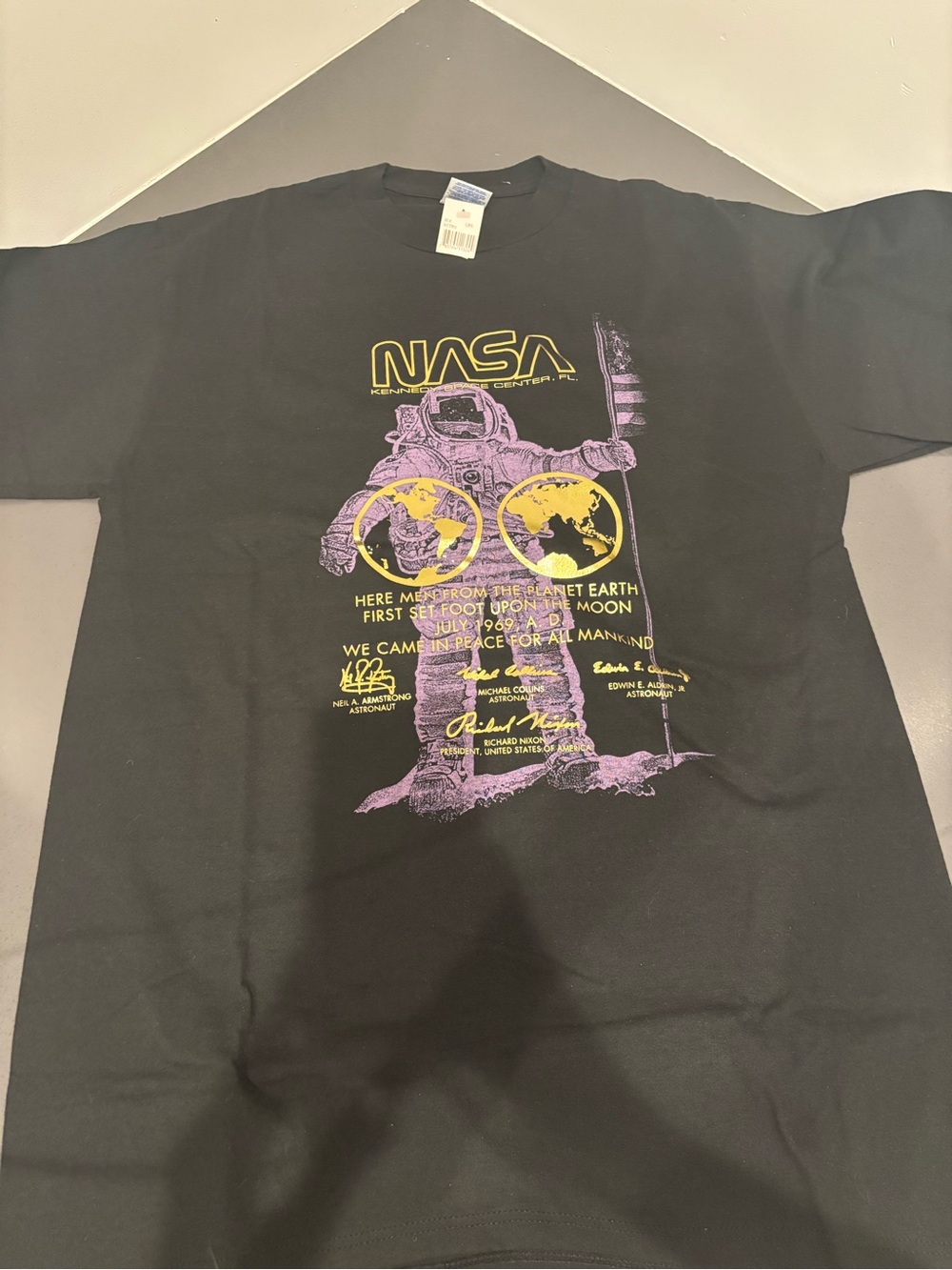Men's Black NASA Graphic Tee with Gold & Purple Astronaut Print